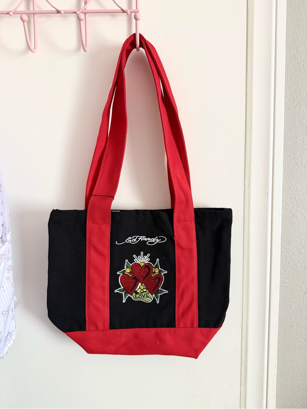 Ed Hardy Black and Red Canvas Tote with Heart Patch